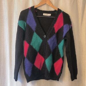 Vintage 80s Black Argyle Cardigan Sweater - Teal, Purple & Pink. 50% mohair